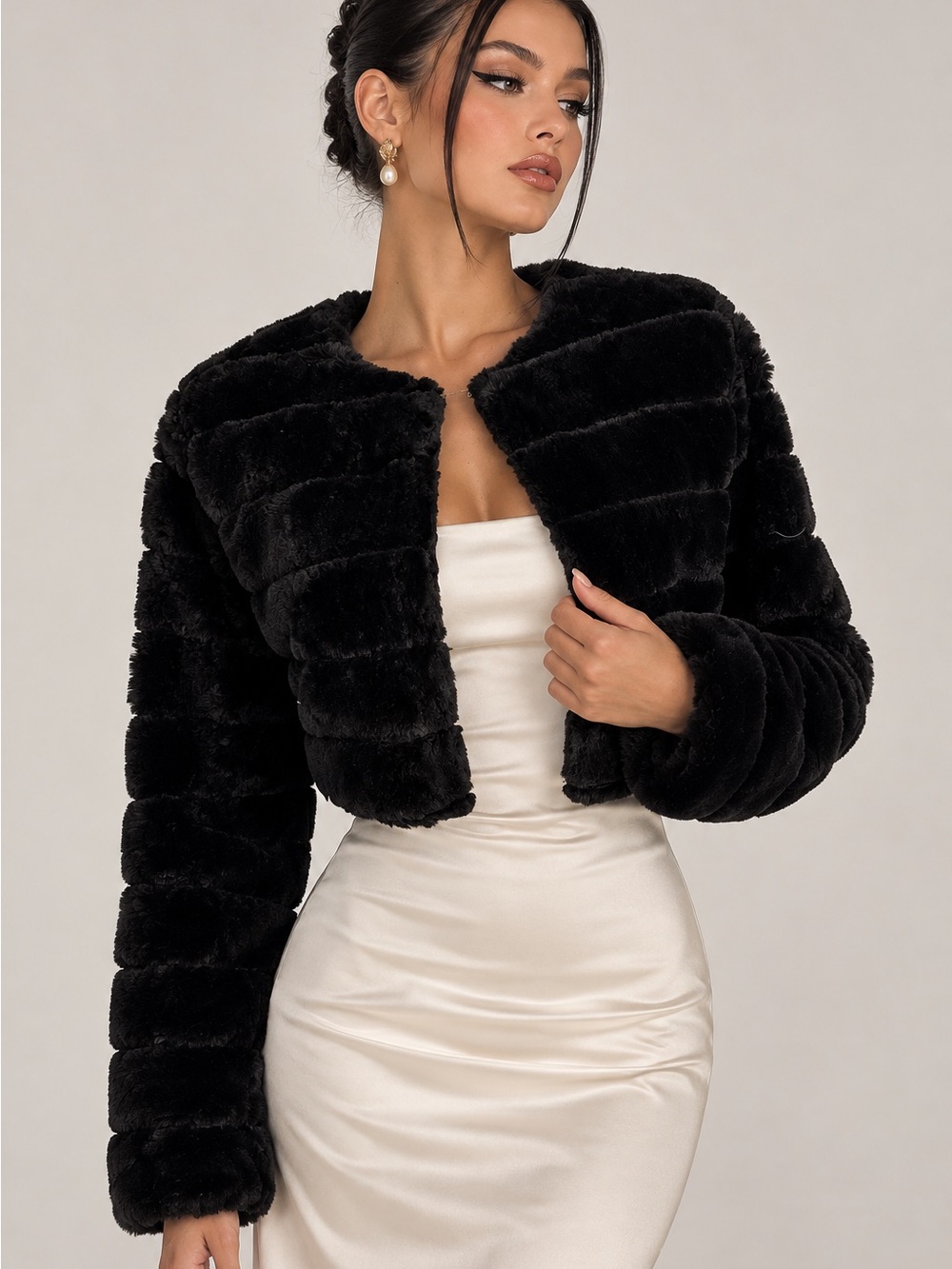 Black Faux Fur Cropped Bolero Shrug Jacket Women’s XS S Formal